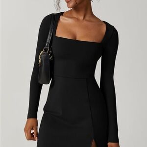 Qinsen Black Square Neck Flare Mini Dress, Large